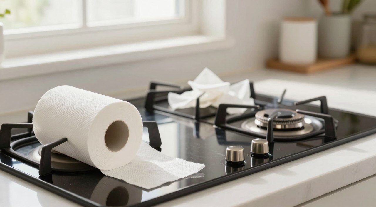 Pessoa limpando cooktop com papel-toalha na cozinha