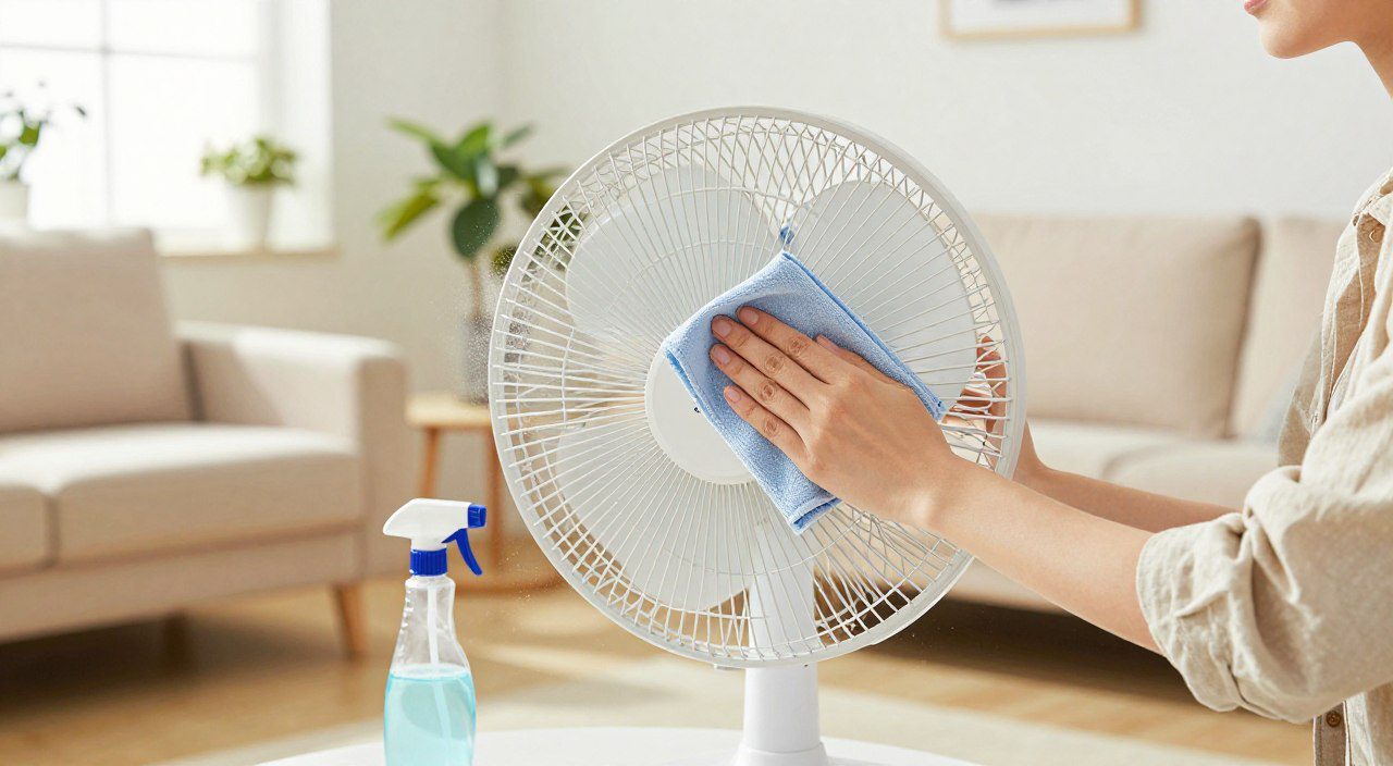 Como Limpar a Poeira do Ventilador em Poucos Minutos Ventilador de mesa sendo limpo com pano de microfibra para remover a poeira acumulada nas hélices e na grade.