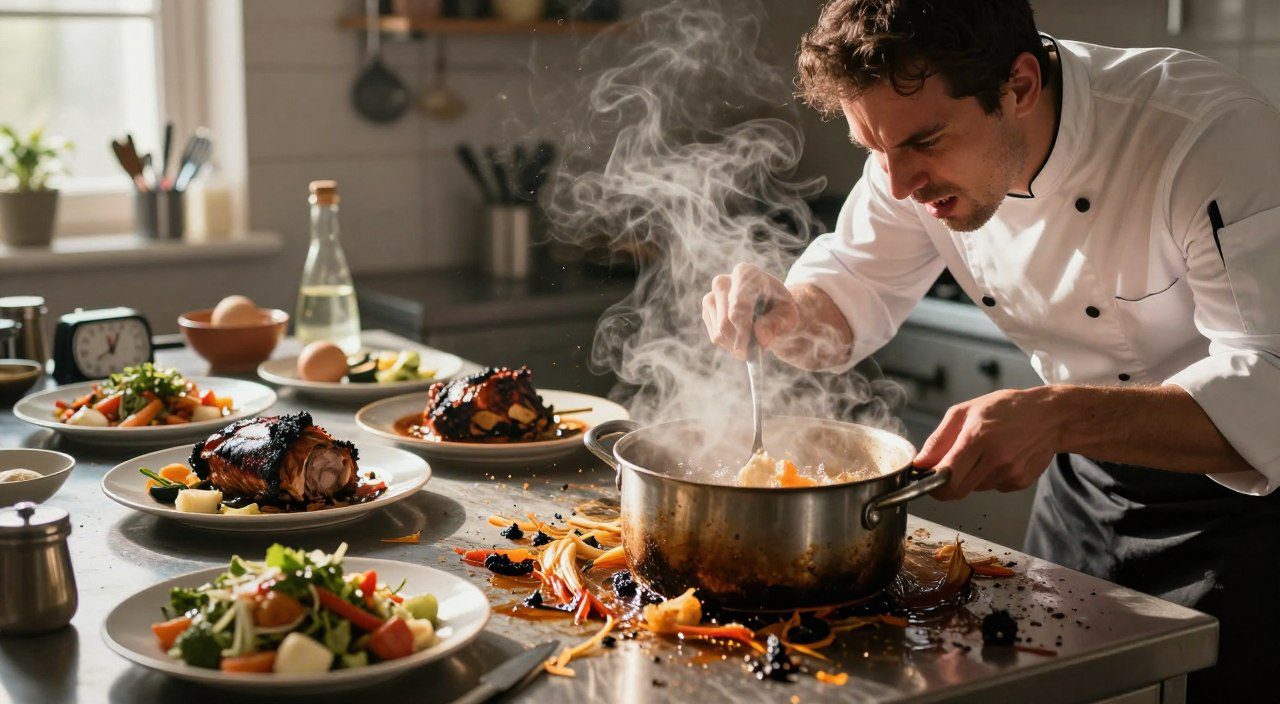 Panela transbordando, alimentos queimados e utensílios desorganizados, representando erros que comprometem o sabor e a textura das receitas.