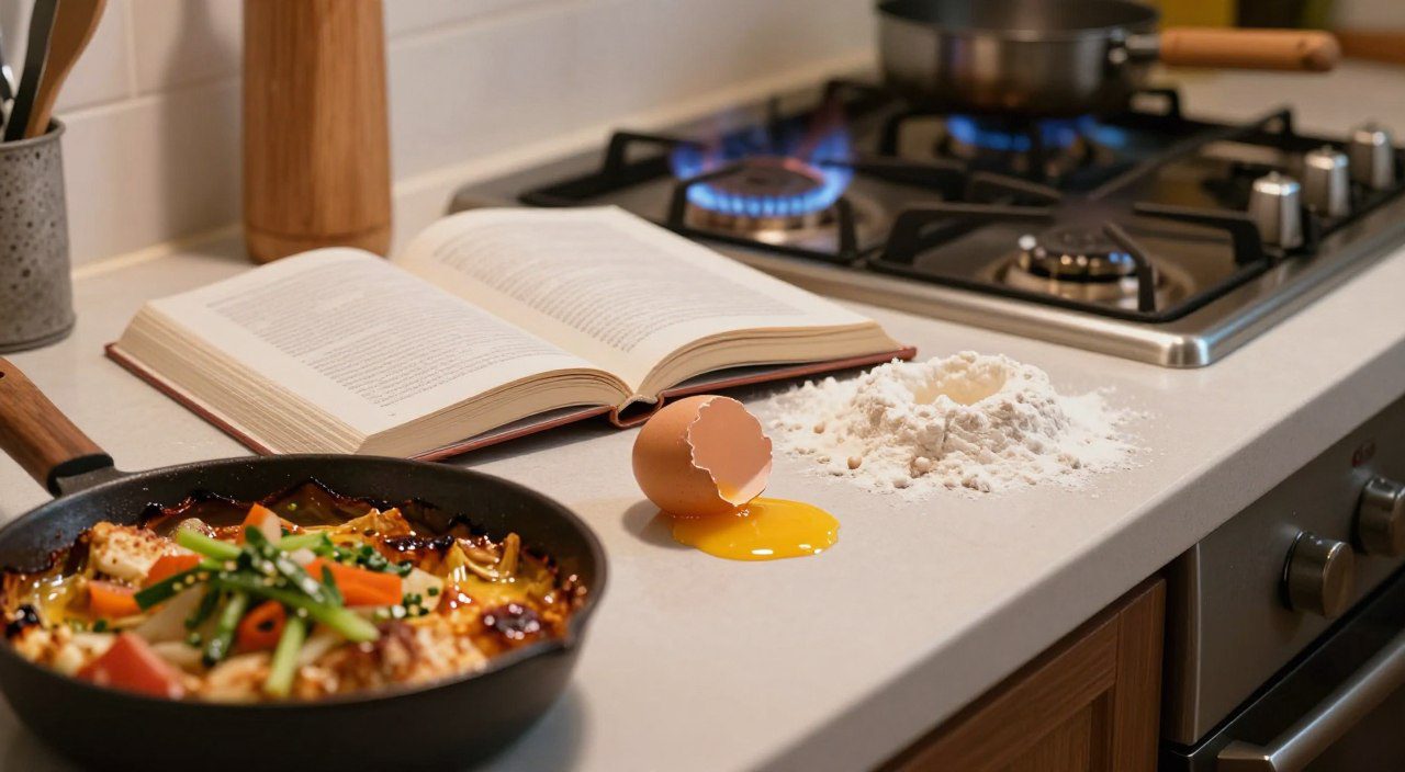 Cozinha com alimentos queimados, ingredientes espalhados e utensílios desorganizados, representando erros comuns durante o preparo das refeições.