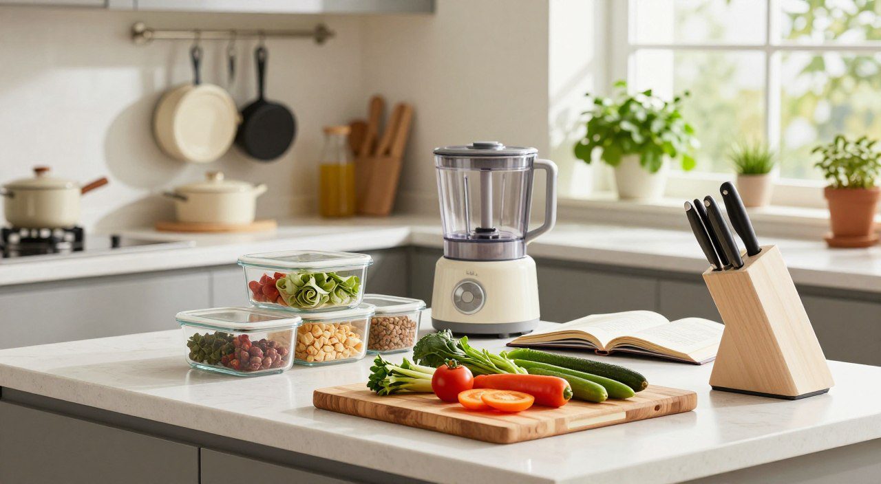 Cozinha organizada com ingredientes porcionados, vegetais frescos e utensílios prontos para preparar refeições de forma mais rápida.