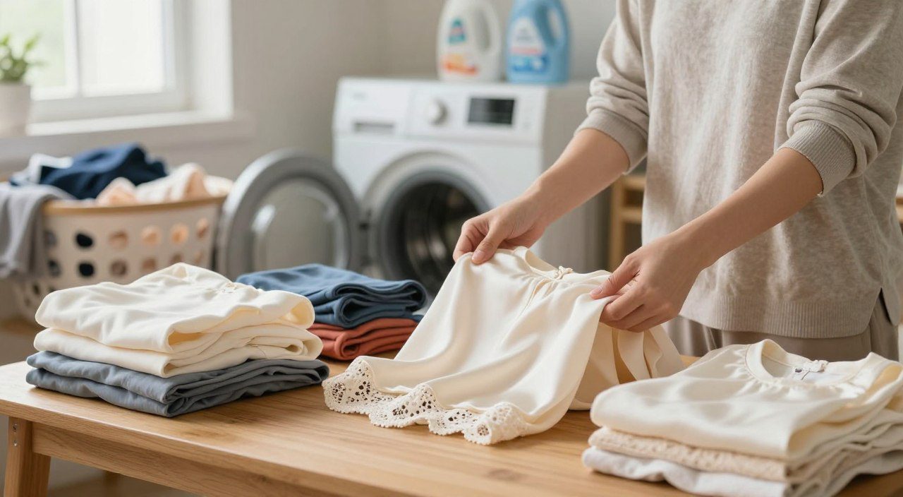 Pessoa separando roupas por tipo de tecido antes de colocar as peças na máquina de lavar.