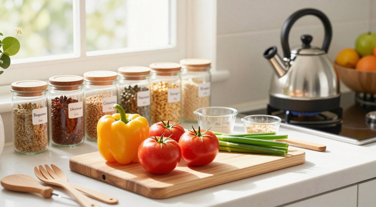 Ingredientes organizados sobre uma bancada de cozinha com legumes, temperos, utensílios e medidores prontos para o preparo da receita.