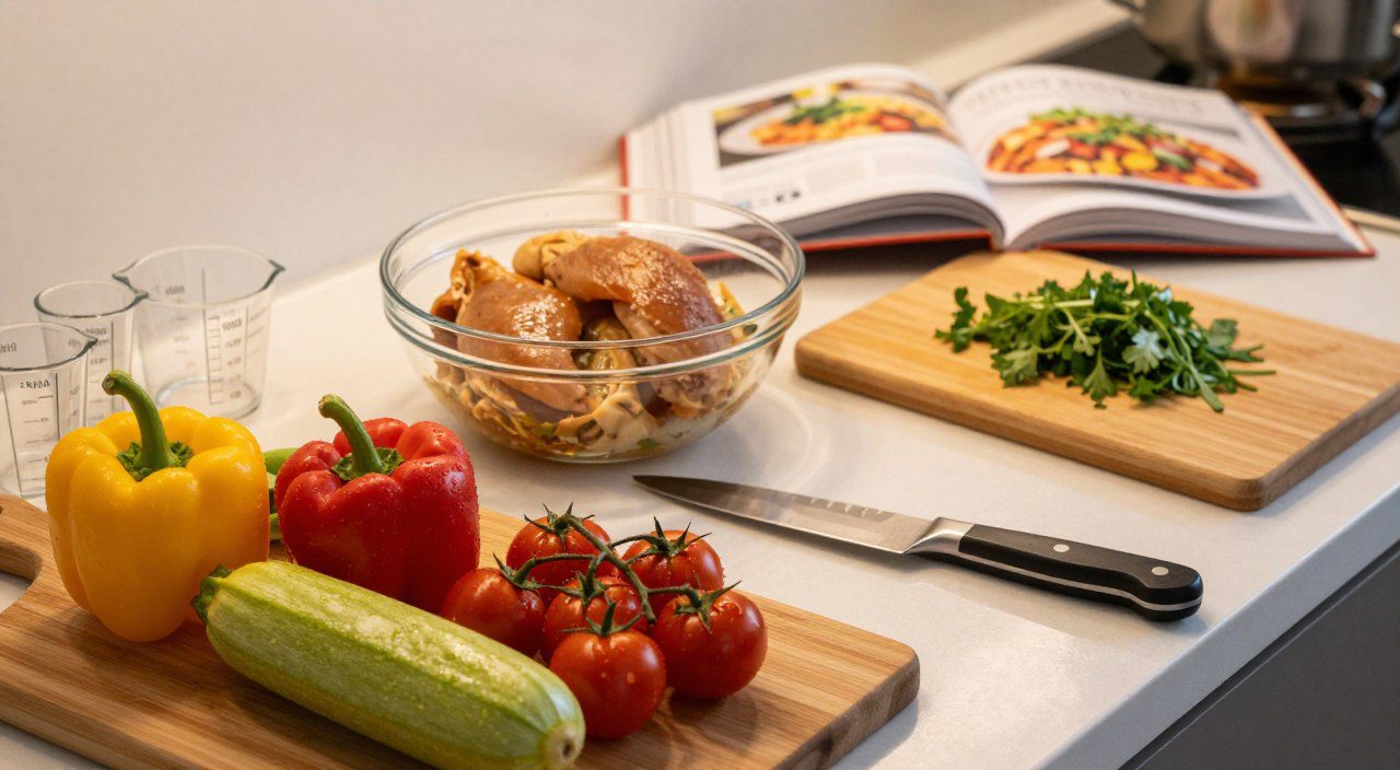 Ingredientes frescos organizados sobre uma bancada de cozinha com vegetais, ervas, frango marinado e utensílios prontos para o preparo das receitas.