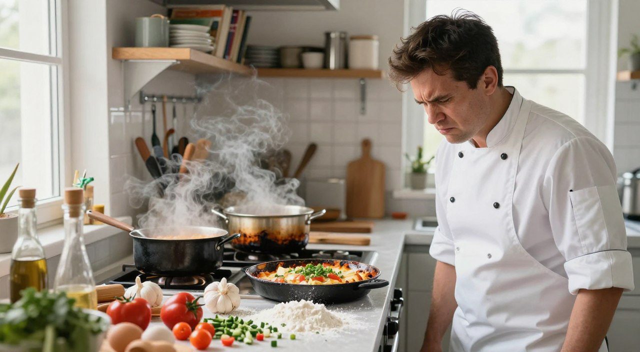 Cozinha com ingredientes derramados, panela transbordando e alimento queimado, representando erros comuns durante o preparo das receitas.