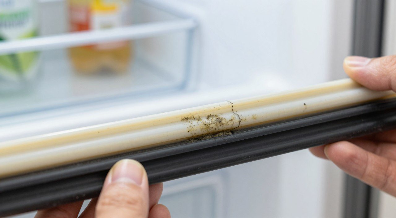 Borracha de vedação da geladeira com sinais de desgaste, rachaduras e mofo, indicando a necessidade de substituição.