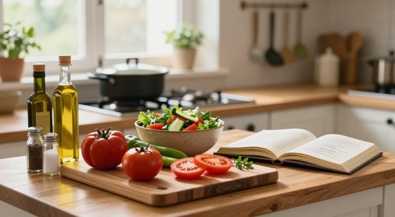Ingredientes frescos e básicos organizados sobre uma bancada de cozinha, representando receitas simples preparadas com poucos ingredientes.