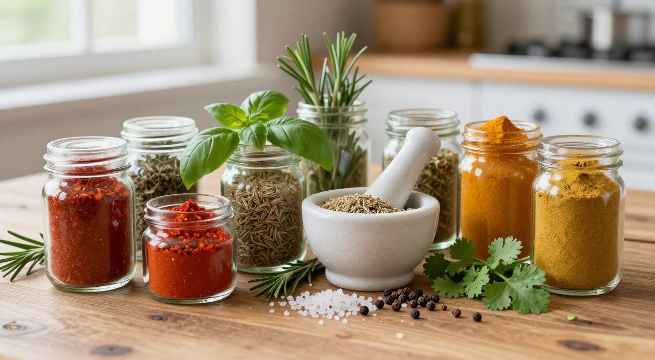Ervas frescas e especiarias variadas organizadas sobre uma mesa, mostrando como os temperos ajudam a destacar o sabor natural dos alimentos.