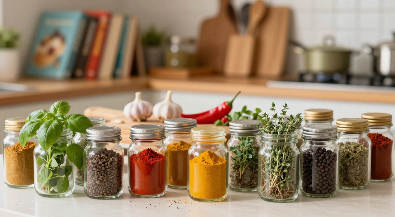 Potes com temperos variados, ervas secas e especiarias organizados sobre uma bancada de cozinha ao lado de ingredientes frescos.