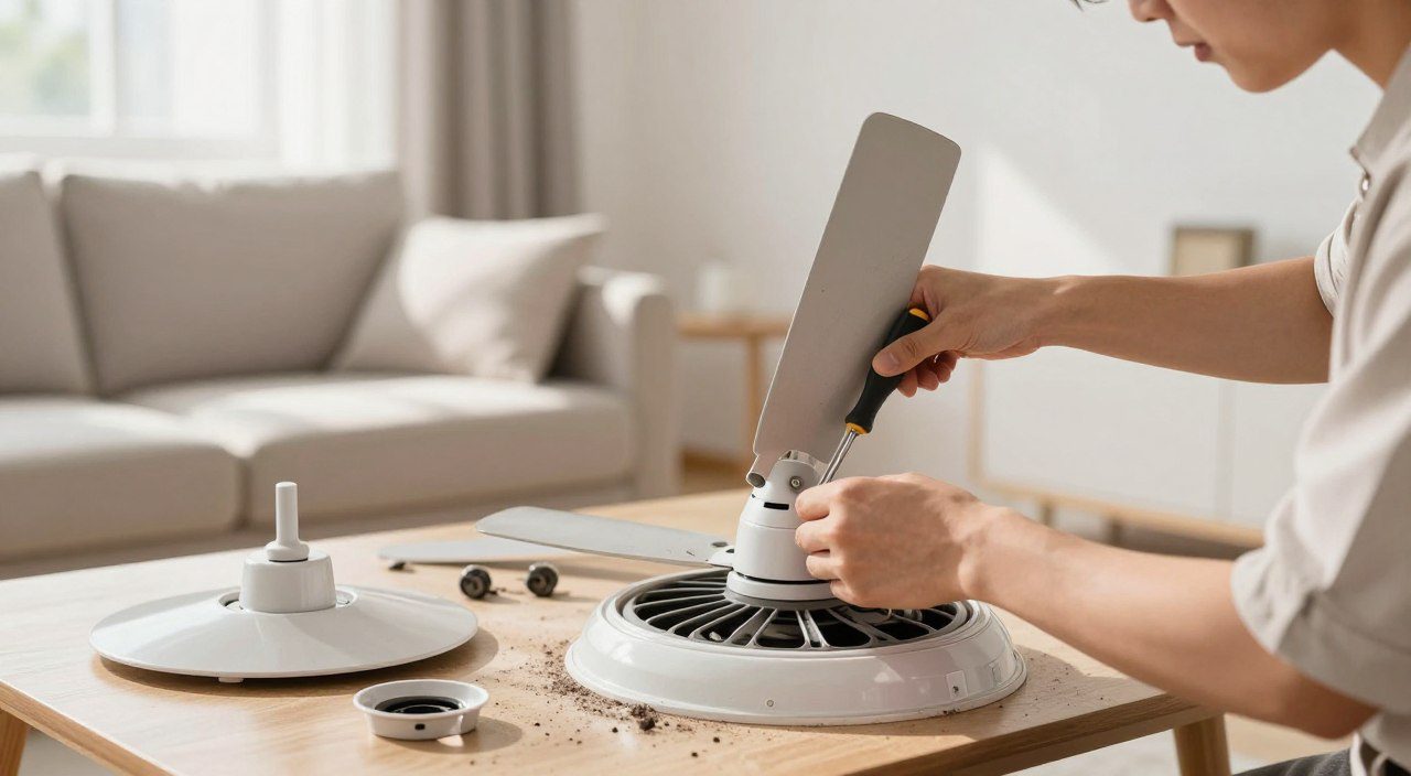 Vale a Pena Desmontar o Ventilador para Limpar? Ventilador parcialmente desmontado durante a limpeza, com peças organizadas sobre uma mesa e ferramentas de manutenção.