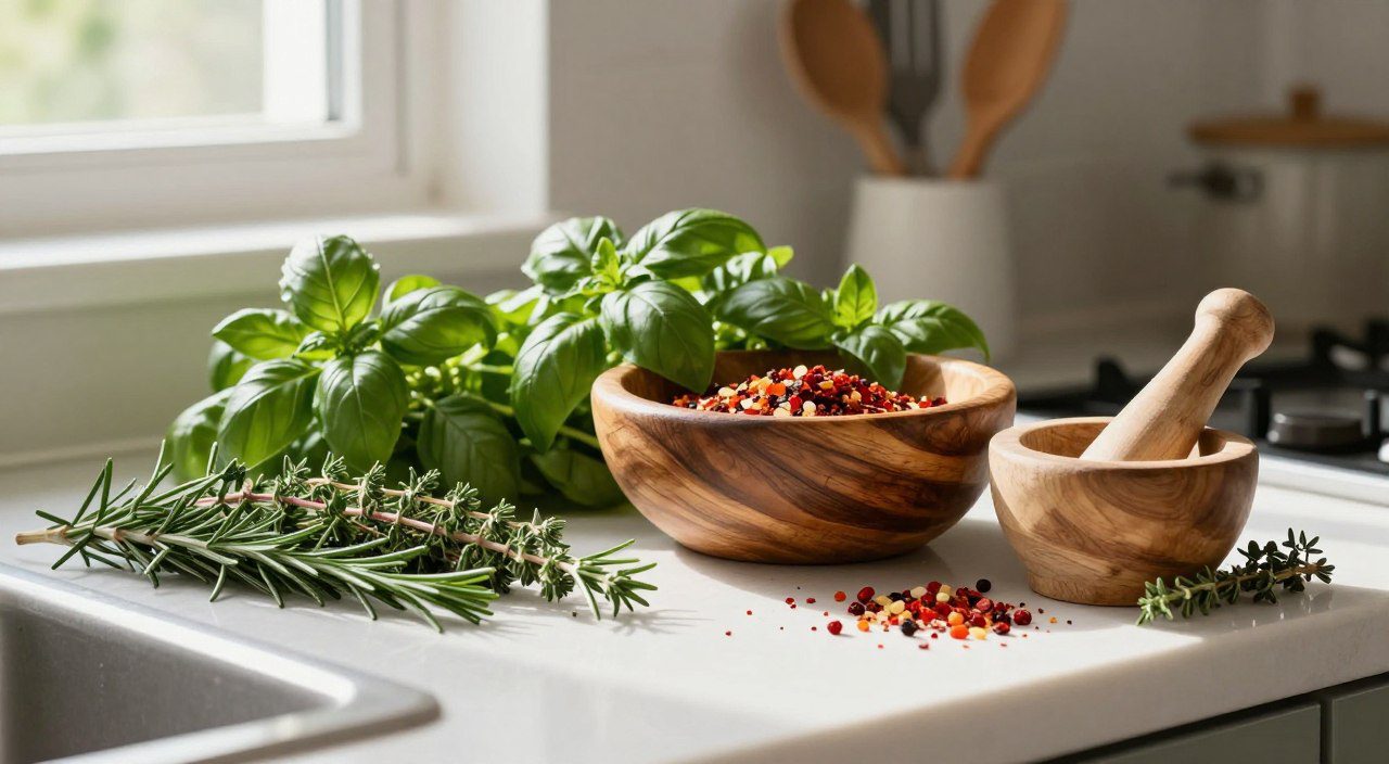 Ervas frescas, especiarias e almofariz organizados sobre uma bancada de cozinha, destacando o uso de temperos naturais para realçar o sabor dos alimentos.