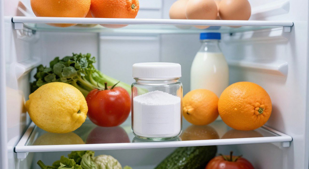 Recipiente com bicarbonato de sódio dentro da geladeira, ao lado de frutas, verduras e outros alimentos armazenados.