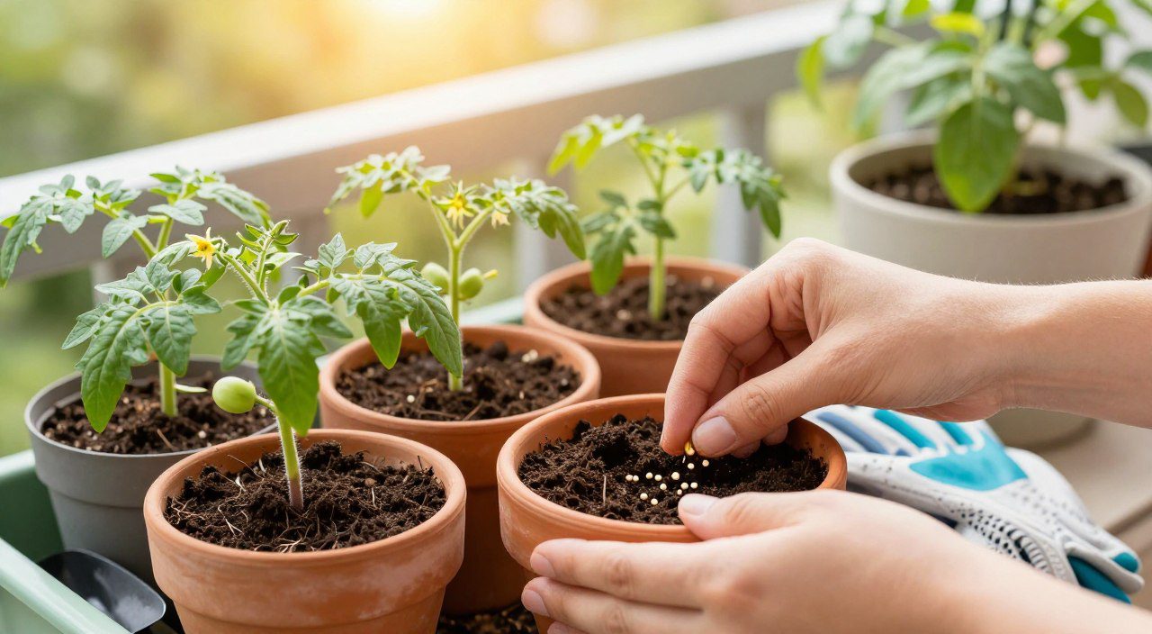 Mãos plantando sementes de tomate-cereja em vaso com terra, ao lado de mudas jovens e ferramentas de jardinagem.