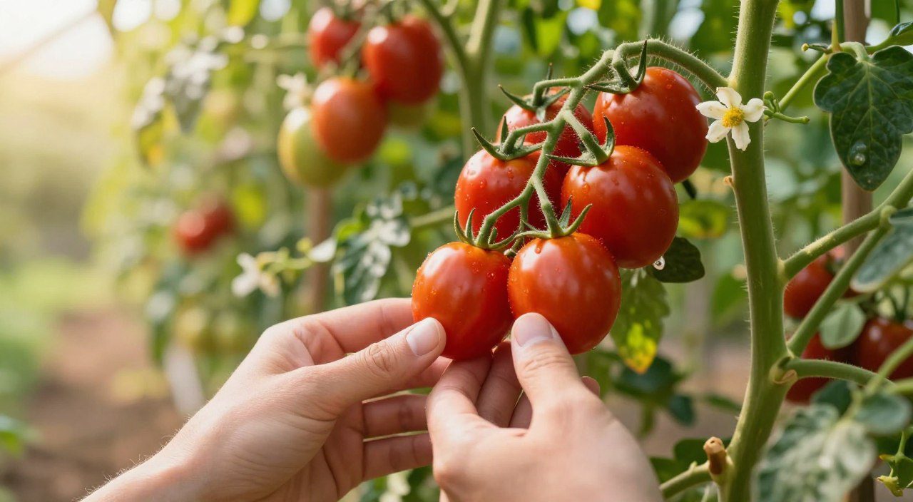 Tomates-cereja maduros sendo colhidos diretamente da planta em uma horta caseira.