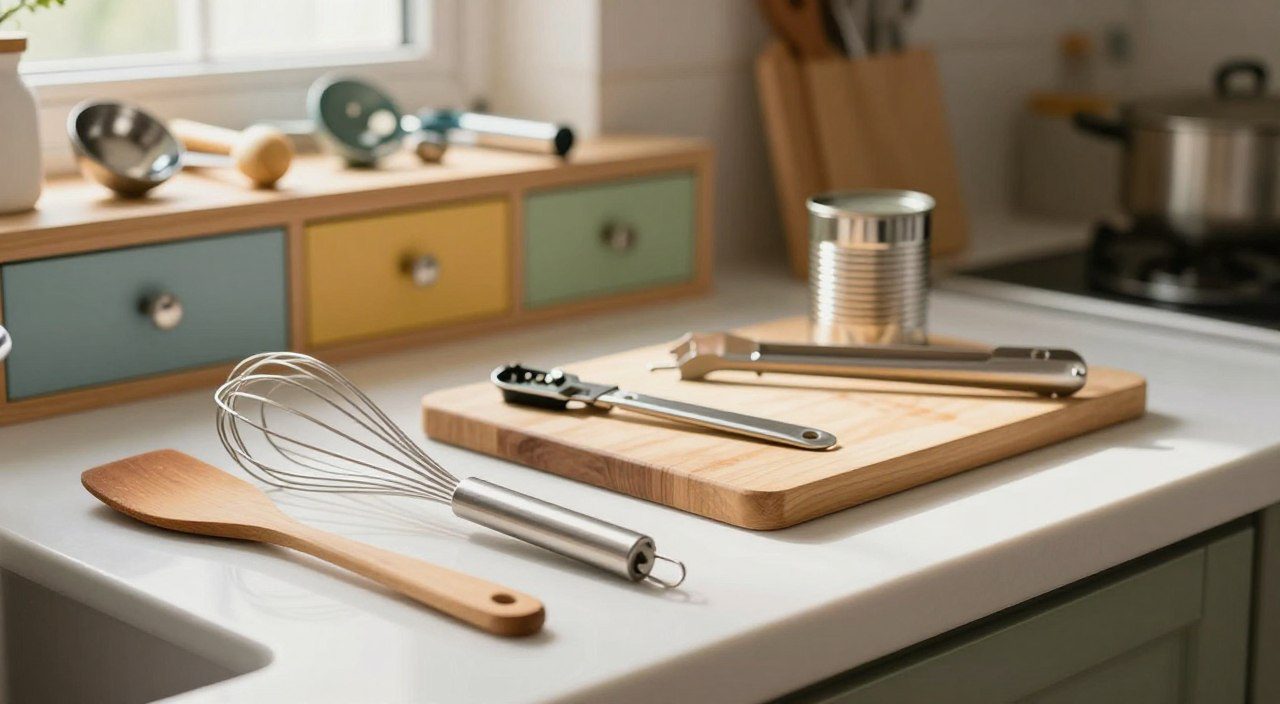 Utensílios de cozinha como batedor, espátula, abridor de latas, pegador e tábua de corte organizados sobre uma bancada.
