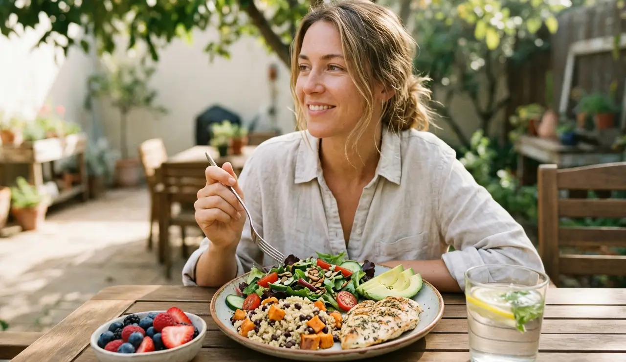 Prato colorido com alimentos saudáveis como frutas, legumes, grãos e folhas, representando alimentação equilibrada e bem-estar