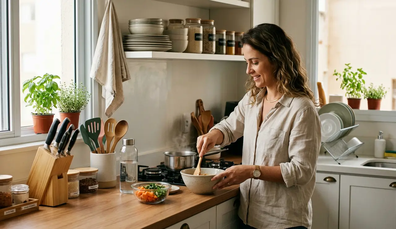 Pessoa organizando a cozinha enquanto limpa a bancada e utiliza utensílios práticos no dia a dia
