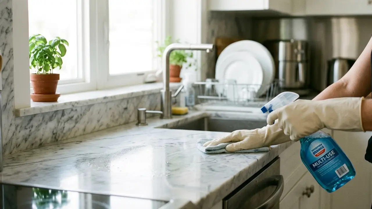 truques de limpeza de cozinha bancada sendo limpa com pano e spray multiuso