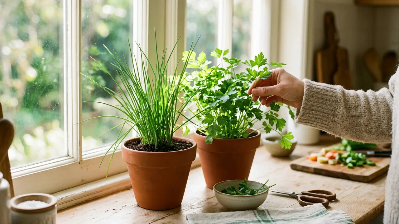 Cheiro-verde fresco cultivado em vasos com salsa e cebolinha em ambiente doméstico iluminado.